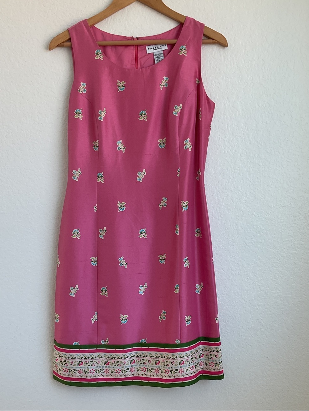 Pure & Simple 100% Silk Pink Sleeveless Floral-Embroidered Border Mini Dress | 8